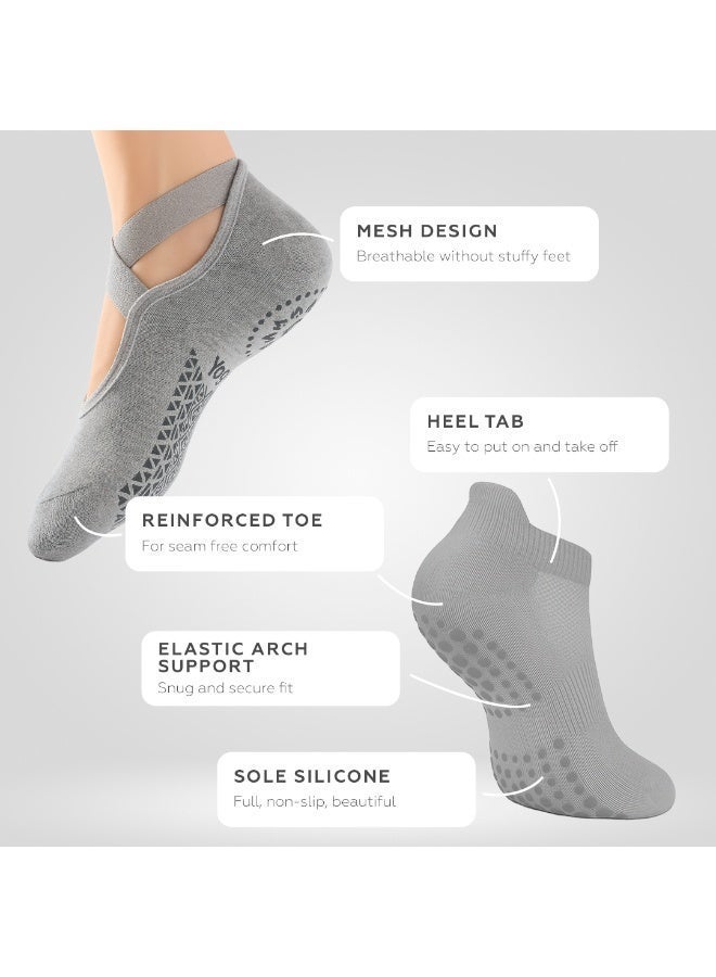 Bernessi 6 Pairs Non-Slip Yoga Socks Set For Women 2 Designed 3 Colors, Barre Elastic Workout Pilates Yoga Socks For Yoga Sports Gym Home Barefoot Exercises Dance Ballet, Grey - Image 3